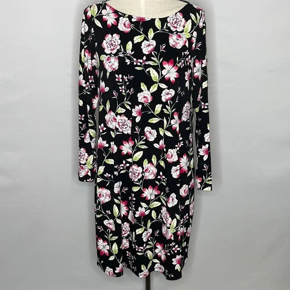 J. Jill Wearever Collection Black Floral Jersey Knit Long Sleeve Dress - MP